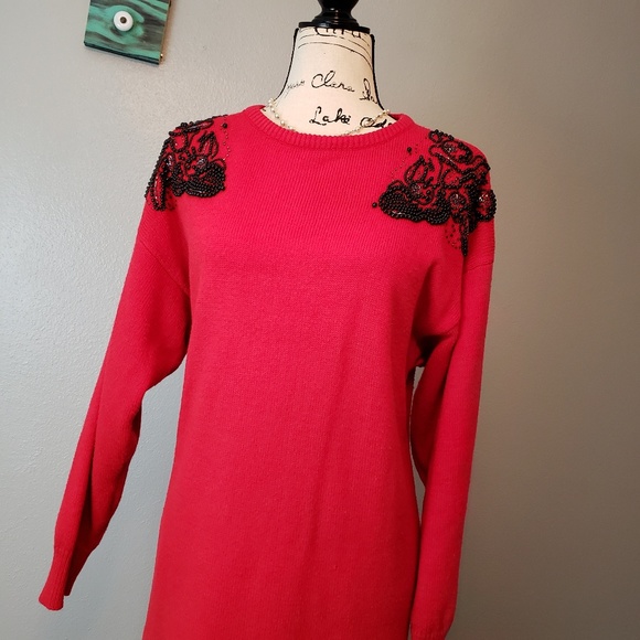 Vintage Beaded Red Sweater Dress sz M - Picture 8 of 8